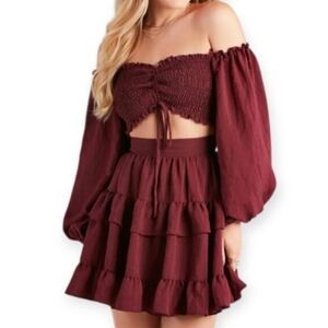 Windsor Burgundy So Sweet Ruffled Cutout Skater Dress Sz.S EUC.